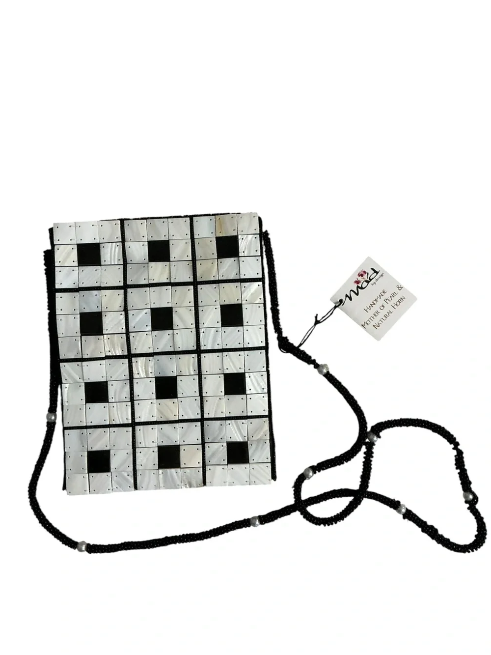 Handmade Mother of Pearl & Natural Horn Beaded Crossbody Bag Black White